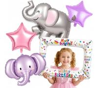 Ballon Foil Anniversaire Éléphant avec Ballon Cadre Photo Happy Birthday - Set Cœur & Étoiles - Décoration pour Baby Shower, 1er & 2e Anniversaire, Garçon & Fille(Éléphant Rose)