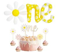 Ballon Foil Marguerite + 5 Pièces Décoration de Gâteau,Ballon Marguerite Anniversaire,Kit de Décorations de Fête D'anniversaire en Forme de Marguerite,Bébé Baptême