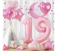 Ballon géant en aluminium en forme de chiffre 19 rose clair pour femme - Décoration d'anniversaire de 19 ans - Ballon à l'hélium avec ballon en forme de cœur et étoile - Décoration de fête de 19 ans