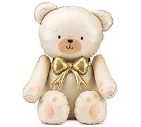 Ballon Géant en Mylar Ourson, 84 x 75 cm, XXL, Beige Crème avec Nœud Doré, pour Fête, Anniversaire, Baptême et Baby Shower, Ballon Nounours
