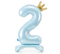Ballon gonflable en forme de chiffre 2 - Avec pied - Taille XXL - Sur pied - Pour anniversaire d'enfant garçon - Bleu clair avec couronne dorée - 84 cm