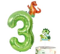 Ballon Gonflable en Forme de Chiffre 3 avec Dinosaures,1 Ballon Numéro 3,1 Décoration de Gâteau Dinosaure,Accessoires De Fête pour Enfants,Décoration De Fête De 3e Anniversaire,Ballons en Aluminium
