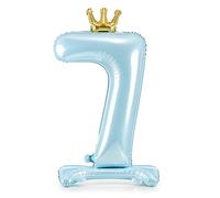 Ballon gonflable en forme de chiffre 7 - Avec pied - Taille XXL - Sur pied - Pour anniversaire d'enfant garçon - Bleu clair avec couronne dorée - 84 cm