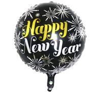Ballon gonflable Happy New Year - 45 cm - Rond - Noir doré et argenté - Gonflable à l'air ou à l'hélium - Décoration parfaite pour le Nouvel An - Réutilisable avec valve automatique