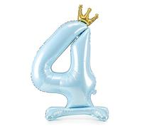 Ballon gonflable pour 4ème anniversaire avec pied - XXL - Avec pied - Pour 4 ans - Pour anniversaire d'enfant - Bleu clair avec couronne dorée