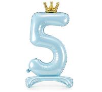 Ballon gonflable pour 5ème anniversaire avec pied - XXL - Avec pied - 5 ans - Pour anniversaire d'enfant - Bleu clair avec couronne dorée