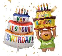 Ballon Gonflable XXL Happy Birthday, Ballon Gonflable en Aluminium Motif Gâteau, Motif Ours Ballons Gonflables, pour Décoration de Fête D'Anniversaire