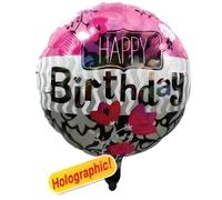 Ballon holographique Happy Birthday rose, blanc, noir, env. 45 cm