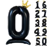 Ballon noir de 100 cm en forme de chiffre sur pied avec couronne noire - Grand ballon à l'hélium pour décoration d'anniversaire, de fête, de mariage