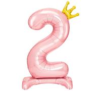 Ballon numéro 2 feuille base avec couronne de 105 cm couleur rose - Anniversaire d'enfant fille, décoration ballons d'anniversaire pour enfants filles, ballons chiffres avec base.