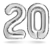 Ballon numéroté, argenté, 40 cm, décoration d'anniversaire, anniversaire d'enfant, jubilé, cadeau Ballon en plastique pour air ou hélium comme anniversaire, mariage fin de fête (set de chiffres 20)