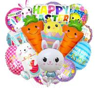 Ballon Paques 15 Pièces Lapin Ballon Paques Happy Easter Ballon Carotte Poussins Œufs Ballons en Aluminium Lapin Decoration Paques (B-15 Pièces)
