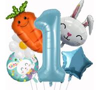 Ballon Paques 6 Pièces avec Lapin, Chiffre 1, Carotte, Fleur Marguerite, Étoile Hélium pour Pâques, Baby Shower, 1 An d'Anniversaire Décoration