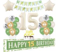 Ballons 15 ans Anniversaire Décoration Fille Garcon,Guirlande 15 ans Anniversaire Bannière Blanc Vert Or,Décoration Anniversaire 15 ans Fille Garcon, Anniversaire 15 ans Fille Ballon Décoration