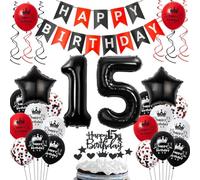 Ballons 15 ans anniversaire rouge noir, 15 ans décoration anniversaire noir rouge, 15 ans ballons anniversaire rouge noir, ballons 15 ans anniversaire garçon fille, ballon anniversaire 15 ans rouge