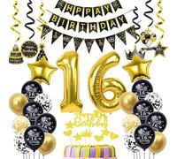 Ballons 16 Ans Anniversaire Garçon Fille - Décoration Noir et Or Avec Décoration Gâteau