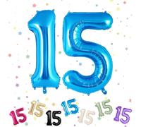 Ballons Anniversaire 15 Bleu, Foil Ballon Numéro Chiffre 15, 101cm Bleu Hélium Ballon 15. Anniversaire, Décoration Ballons 15 Ans pour Garçons Filles Anniversaires Fête Deco, Gonflable Hélium