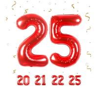 Ballons Anniversaire 25 Rouge - 100cm - Ballon Chiffre 25 Numéro 25 - Happy Birthday Decoration Ballons Fête d'anniversaire Ans Vole Grâce à l'Hèlium 25