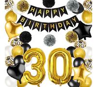 Ballons Anniversaire 30 Hommes Noir Or 30e Décoration Anniversaire | Ballon géant en aluminium 30 ans, bannière Happy Birthday, étoiles, ballon en forme de cœur pour décoration 30e anniversaire