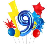 Ballons Anniversaire 9 Ans, 12 Pièces Helium Ballons en Latex Colorés, Foudre et Étoile Explosive Ballon en Aluminium Étoiles pour Anniversaire, Baby Shower, Célébrations, Fête