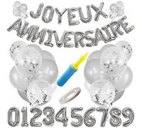 Ballons anniversaire gris argenté, kit déco joyeux anniversaire adulte et enfant, 1 pompe manuelle intégrée, chiffres de 0 à 9, 20 ballons couleurs unies, 10 ballons confettis et un ruban