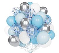 Ballons Bleu Blanc Argent, 60 Pcs 12 Pouces Bleu Clair Mat Pastel Bleu Métallisé Argent avec Confettis Bleu Argent Latex Hélium pour Décoration Anniversaire Mariage Fête Baby Shower