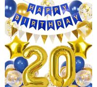 Ballons bleus et dorés pour garçons et filles - 101,6 cm - Ballons en aluminium en forme de chiffre 20 avec fanions - Décoration de fête pour garçons et filles