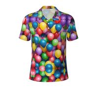 Ballons colorés bleu ciel imprimé hommes manches courtes confortable polo décontracté quotidien vacances sport voyage, Noir , XL