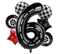 Ballons d'Anniversaire de Voiture de Course, 102cm Grands Ballons Numérotés Piste Course avec Étoile Pneu et Ballon à Carreaux Décoration Fête d'Anniversaire sur Thème de Voiture (Numéro 6)