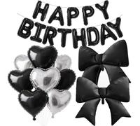 Ballons d'anniversaire noirs et argentés avec bannière, nœud, cœurs | Fournitures de décoration de fête d'anniversaire avec ballon en aluminium, bannière en aluminium pour hommes, garçons, filles