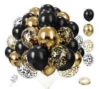Ballons d'anniversaire Noirs et Dorés 65 pcs 30 cm x 12 cm SKYIOL Ballons en latex dorés avec confettis dorés, ballons métalliques avec guirlande et rayures pour mariage, remise des diplômes, EID
