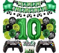 Ballons de décoration d'anniversaire de jeu pour garçon - Bannière verte « Happy 10th Birthday » avec ballon en aluminium à deux chiffres, manette de jeu pour le thème du jeu vidéo - Fournitures de