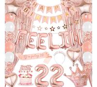 Ballons de décoration de 22e anniversaire pour elle - Bannière « Happy Birthday » avec rideaux à franges en aluminium, décoration de gâteau, guirlande d'étoiles à suspendre pour femme de 22 ans