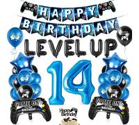 Ballons de Décoration de Jeu 14 ans, Anniversaire Gamer 14 ans, Ballon Manette de Jeux, Ballon Bleu Noir, Happy Birthday Bannière, pour Garçon Enfant Anniversaire Jeu Thème Decoration