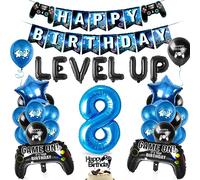 Ballons de Décoration de Jeu 8 ans, Anniversaire Gamer 8 ans, Ballon Manette de Jeux, Ballon Bleu Noir, Happy Birthday Bannière, pour Garçon Enfant Anniversaire Jeu Thème Decoration