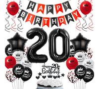 Ballons décoratifs 20e anniversaire rouge noir, 20 ans noir rouge décoration de fête d'anniversaire 20e anniversaire ballons 20 ans homme femme 20e décoration de fête