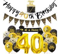 Ballons décoratifs 40 ans pour homme et femme - Noir et doré - Guirlande Happy Birthday - Décoration de gâteau et écharpe - Ballon chiffré XXL et fanion pour 40e anniversaire