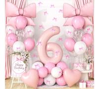 Ballons décoratifs d'anniversaire pour filles - Ballons en latex avec nœud rose clair et blanc - Ballon en forme de cœur en aluminium et chiffre 6 pour fête d'anniversaire de fille