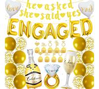 Ballons décoratifs dorés pour fiançailles - Décoration de fête de fiançailles - Avec inscription « He Asked She Said Yes » - Bannière - Ballon en aluminium avec anneau en diamant - Décoration de