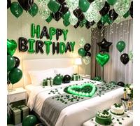 Ballons décoratifs « Happy Birthday » verts et noirs - Bannière de ballons d'anniversaire avec étoiles et cœurs - 1 000 pétales de rose artificiels - 24 bougies LED sans flamme pour fête