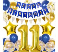 Ballons décoratifs pour 11e anniversaire de garçons, ballons bleu marine et doré et bannière « Happy Birthday » en forme de chiffre 11 avec fanions, pour garçons et filles