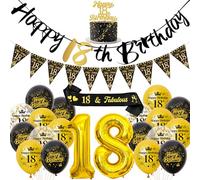 Ballons décoratifs pour 18e anniversaire garçons et filles - Noir et doré - Guirlande Happy Birthday - Décoration de gâteau et écharpe - Ballon chiffré XXL et fanion pour décoration de fête