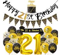 Ballons décoratifs pour 21 ans pour femme et homme - Noir et doré - Guirlande Happy Birthday - Décoration de gâteau et écharpe - Ballon chiffré XXL et fanion pour 21e anniversaire