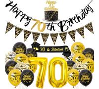 Ballons décoratifs pour 70e anniversaire pour femme et homme - Noir et doré - Guirlande Happy Birthday - Décoration de gâteau et écharpe - Ballon chiffré XXL et fanion pour 70e anniversaire