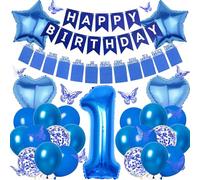 Ballons décoratifs pour garçons - Photo bleue et bannière « Happy Birthday » en forme de chiffre 1, ballons en forme d'étoile et de cœur dégradé avec décorations 3D papillon pour fille et fille