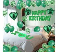 Ballons décoratifs verts « Happy Birthday » - Bannière de lettres avec étoiles et cœurs - 1 000 pétales de rose artificiels - 24 bougies LED sans flamme pour hôtel, fête d'anniversaire