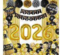 Ballons du Nouvel An 2026, Décorations Nouvel An Noir et Or avec Ballon Bonne Année, Rideau Métallique, Pompon en Papier, Happy New Year Bunting pour Fête de la veille Deko 2026