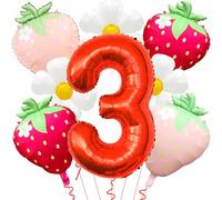 Ballons en forme de chiffre 3 en mylar pour décoration d'anniversaire sur le thème des fraises - 101,6 cm - Rouge fraise