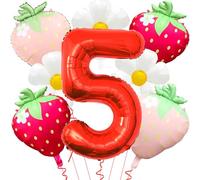 Ballons en forme de chiffre 5 en mylar pour décoration d'anniversaire sur le thème des fraises - 101,6 cm - Rouge fraise