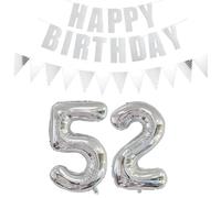 Ballons en forme de chiffre 52 argentés + guirlande Happy Birthday + bannière Ballon en aluminium 52 ans Décoration d'anniversaire femme et homme 52 ans Décoration d'anniversaire pour homme et femme